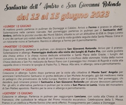 APERTE LE ISCRIZIONI PER LA GITA-PELLEGRINAGGIO AI LUOGHI DI PADRE PIO